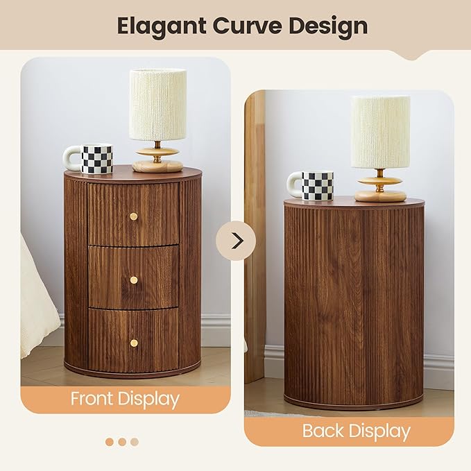 Fully Assembled Round End Table with 3 Storage Drawers, 15.75”Mid Century Side Table for Living Room, 3 Drawers Nightstand for Bedroom, Circle Sofa Bedside Table (Walnut-2 pcs)