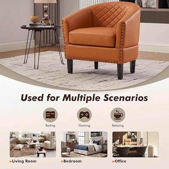QQU Barrel Accent Chair, Retro PU Leather Club Chair with Nail-Heads, Upholstered Armchair for Living Room, Bedroom, Waiting, Office (Orange)