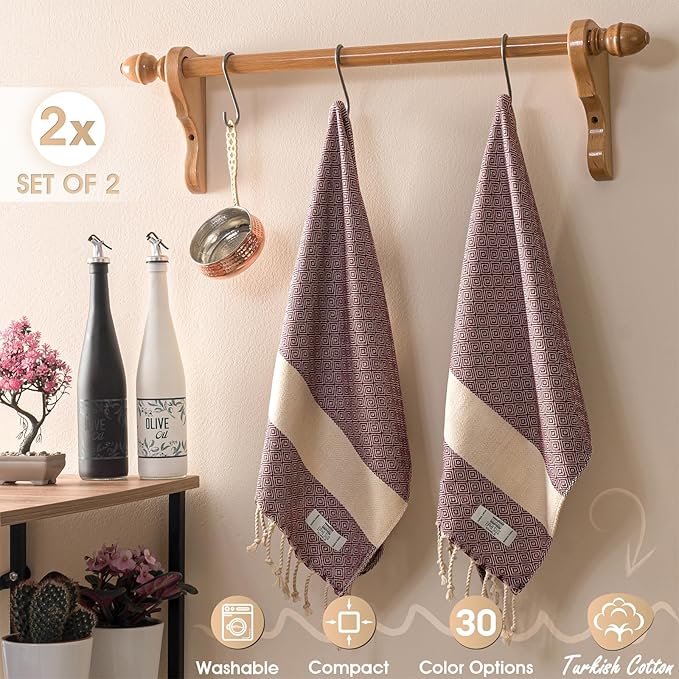 Hand Towels - Set of 2 | 18" x 30" - Decorative Turkish Hand Towel for Bathroom, Kitchen, Guest, Face, Hair, Tea, Dishcloth (Diamond, Orchid)