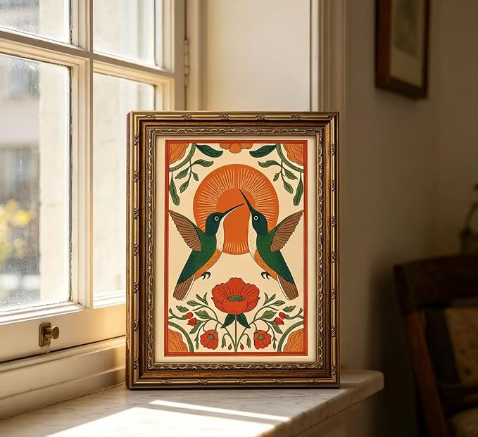 Vintage Gold Framed Hummingbird Wall Art Scandinavian Pictures Floral Bird Painting Canvas Prints Birds Poster Artwork Neutral Farmhouse Wall Decor for Living Room Bedroom Kitchen12x16in