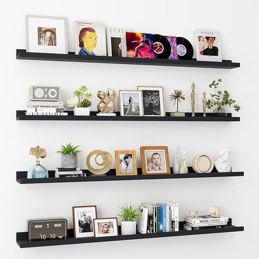 Axeman Picture Ledge Shelf | 48 Inch Black Floating Shelves Set of 4 | Rustic Wood Wall Shelves with Lip | 48" Black Picture Shelves for Wall with Ledge | Photo Shelves
