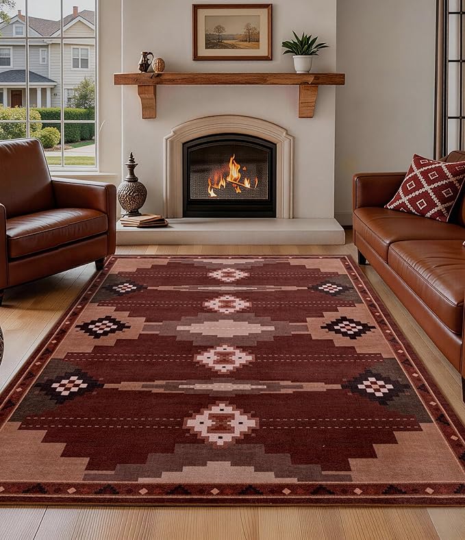 YIHOUSE Southwestern Rustic 5x7 Area Rug, Mid Century Modern Rug Soft Non-Slip Washable Navajo Rugs for Living Room, Bedroom, Dining Room (Brown/Red, 5'x7')