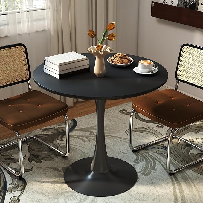 Black Round Dining Table, 31.5" Tulip Table Kitchen Round Dining Table for 2-4 People with MDF Table Top and Metal Pedestal Base, Mid-Century Leisure Table for Home, Dining Room, Cafe