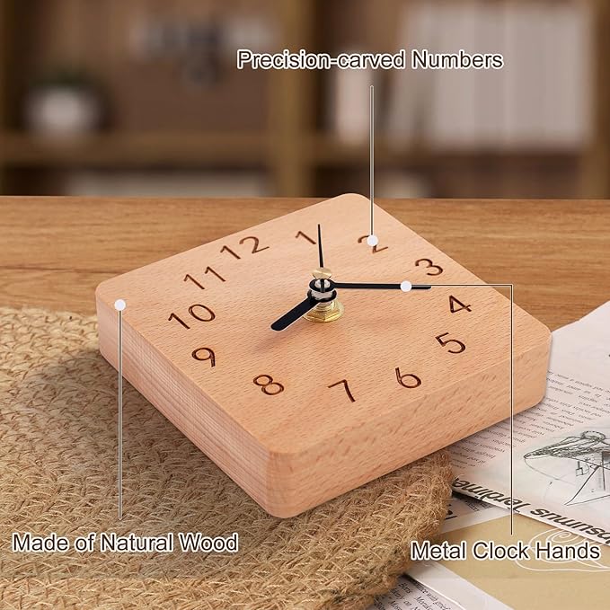 Wooden Table Clock on Stand, Decorative Battery Operated Desk and Shelf Clock, Silent Non-Ticking Desktop Clock for Office, Living Room or Bedroom Decor, Square Shape, Beech Wood