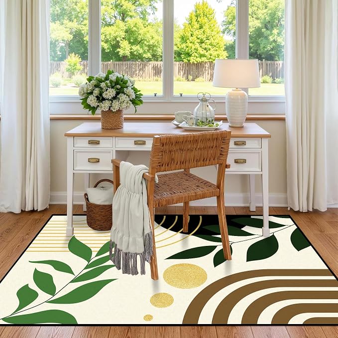 Modern Abstract Rug Geometric Area Rug Boho Green Leaf Floor Mat Soft Washable Carpet for Bedroom Living Room Kitchen Nursery Playroom Home Decor 4'x6'