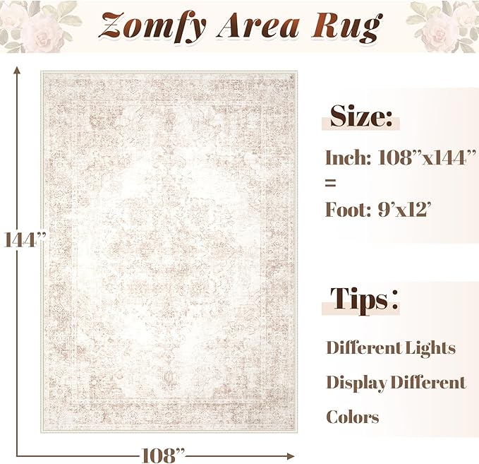 Area Rug 9x12 Vintage Rug: Large Washable Indoor Medallion Rugs Low Pile Distressed Floor Carpet Retro Accent Rug for Living Room Bedroom Kitchen Dining Table Home Office(Retro Beige, 9'x12')