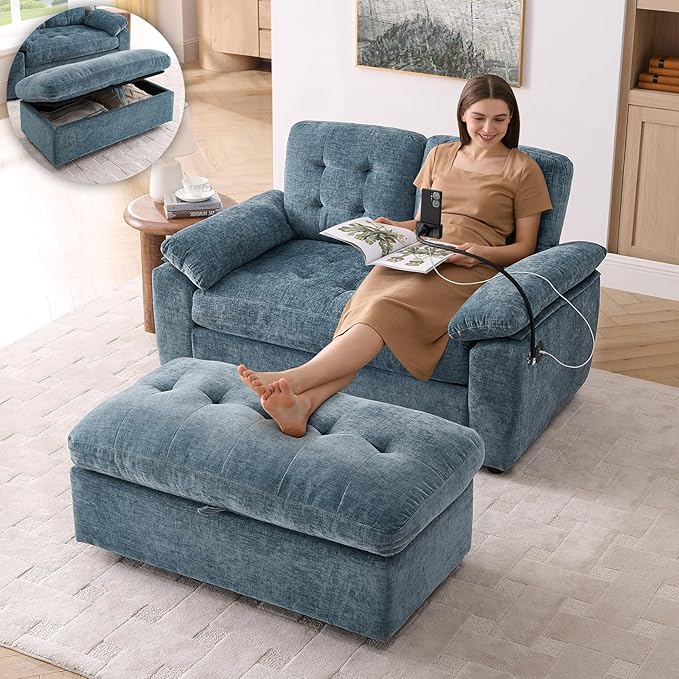 Oversized Chaise Lounge Chair Indoor, Double Convertible Recliner Reading Arm Sofa Chair W/Adjustable Backrest & Charging Port Couch Bed for Living Room, Home Theater & Bedroom, Blue
