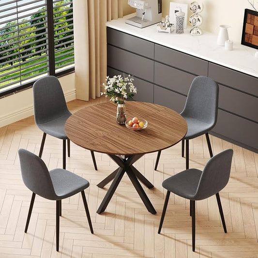 Round Dining Table Set for 4, 43-59" Extendable Dining Room Table Set, Walnut Wood Grain Table and 4 Dark Gray Linen Upholstered Chairs Set, Mid Century Modern Kitchen Table Set with Cross Legs