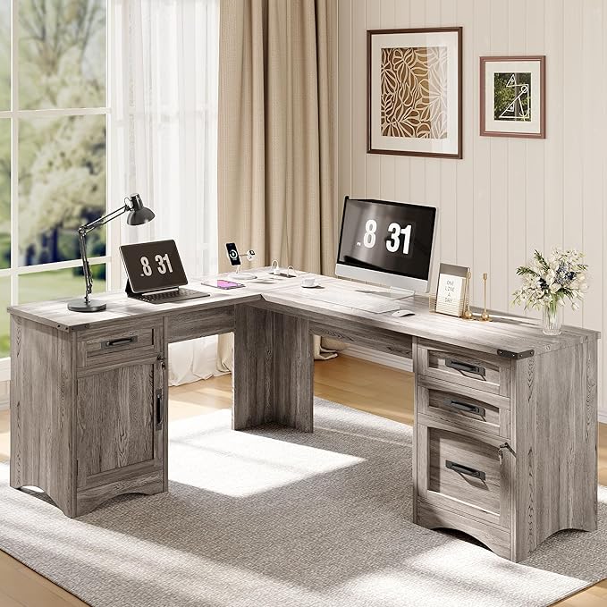 Decofy L Shaped Farmhouse Executive Desk with Drawers, 67" Home Office Desks with Fast Charging Station, Lockable File Cabinet, Wood Writing Computer Desk for Work, Study, Grey