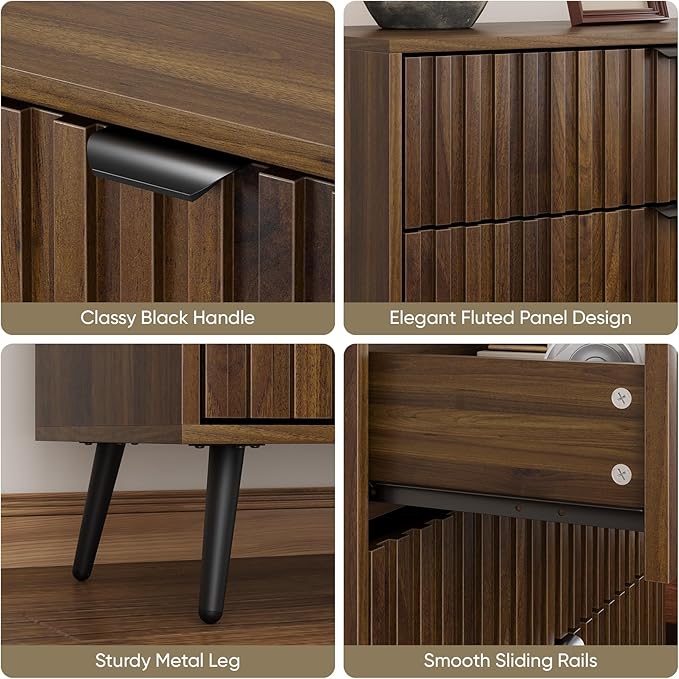 4 Drawer Dresser for Bedroom, Tall Fluted Dresser with Metal Feet, Wooden Storage Organizer Cabinet Chest of Drawer for Closet, Living Room, Hallway,Walnut