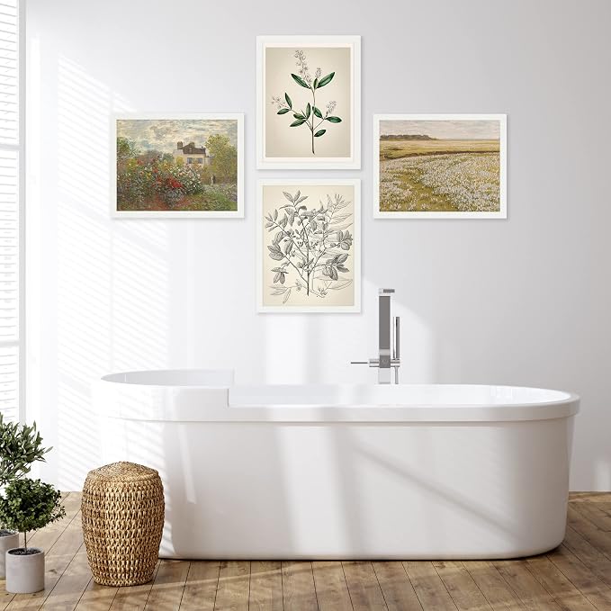 SIGNWIN Framed Poster Bathroom Decor 11"x14"x 4 White, Wall Art Room Decor Multicolor for Living Room, Bedroom, Office Autumn Spring Rustic Flower Landscape Classic Vintage Retro Illustrations