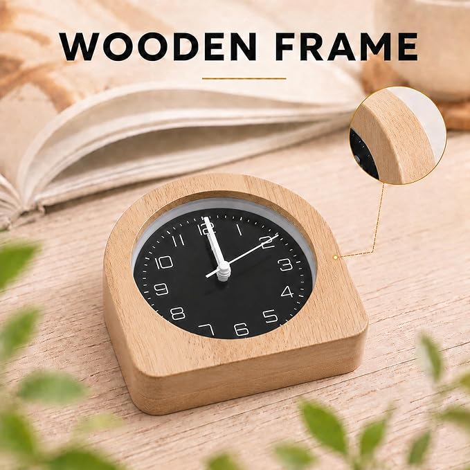 Analog Alarm Clock 5" Silent Non-Ticking Small Solid Wood Desk Clocks Battery Operated Simple Style Retro Table Clock for Office/Bedroom/Kitchen/School/Bedside/Shelf (Light Wood, Arch)