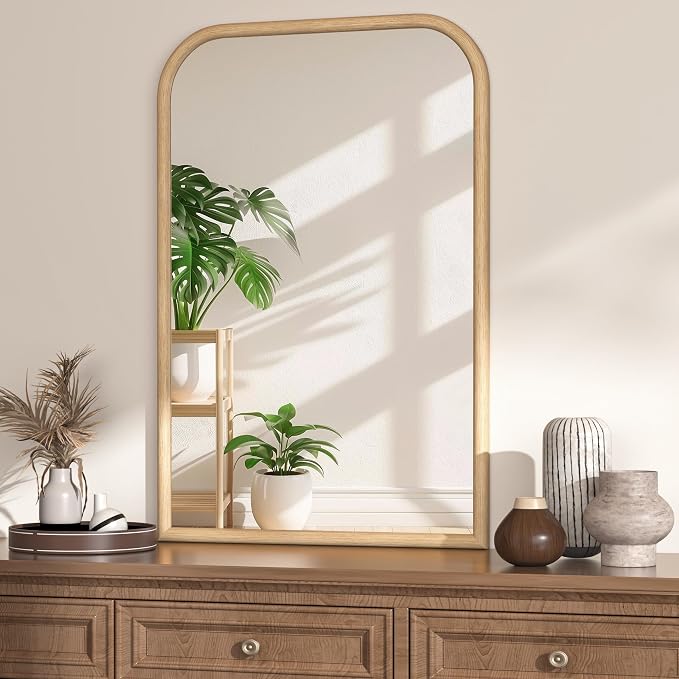 24"x36" Arch Wall Mirror for Wall, Wall Mounted Vanity Mirror for Bedroom, Wood Grain Finish Frame Mirror with Tempered Glass, Vintage Decorative for Bathroom, Entryway, Living Room, Natural