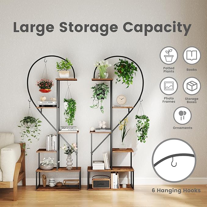 Giantex 6 Tier Tall Plant Stand Indoor, Metal Heart Shaped Plant Shelf for Plants Multiple with 6 Hanging Hooks & 12 Boards, Heavy-duty Metal Frame, Large Ladder Display Rack for Living Room Balcony Patio Art Studio, 2 Pack