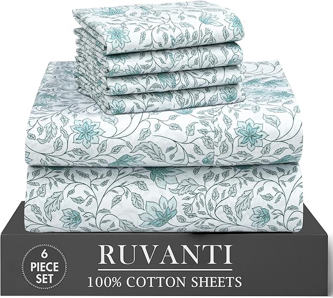 RUVANTI 100% Cotton Percale Sheets Full Size 6 Piece Set, Cooling Bed Sheets for Hot Sleepers, Deep Pocket 16”, Breathable Lightweight & Durable, Crisp Hotel Style Sheets, Wildflower Nest