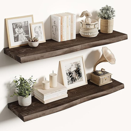 Vivelove Live Edge Floating Shelves Set of 2, Solid Elm Wood Wall Display Shelf with Invisible Bracket for Living Room Bedroom Bathroom Office, Rustic Farmhouse, 36 inch - Dark Walnut