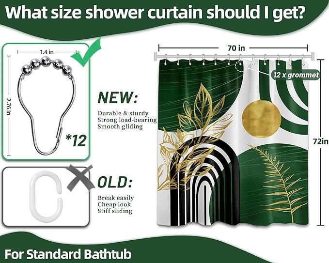 Olive Green and Gold Shower Curtain Boho Mid Century Modern Hunter Green Shower Curtains for Bathroom Decor Sets, Waterproof Cloth Fabric with Hooks 70x72in