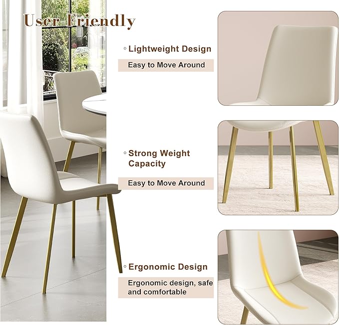 Montary 53 inch Luxury Round Dining Table Set with Sintered Stone Top & Gold Stainless Steel Base, Modern 5-Piece Kitchen Set for 4-8 People, Dining Table with 4 White PU Chairs, Easy Assembly