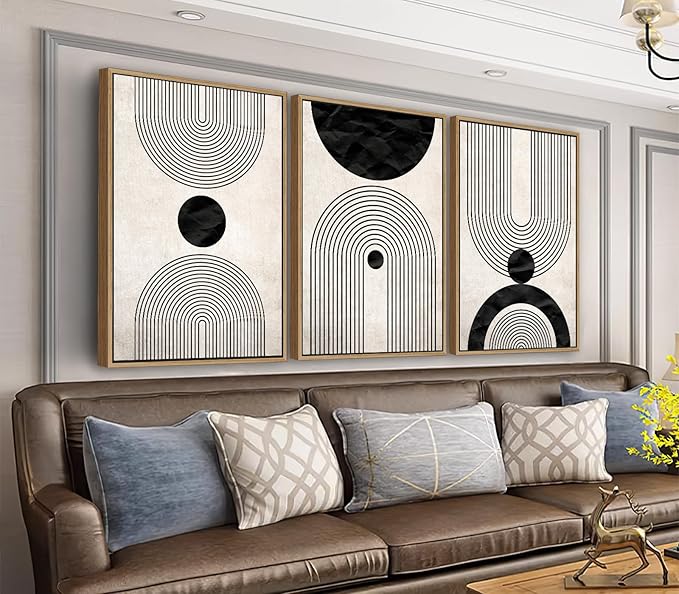 Framed Wall Art Canvas Set Mid Century Boho Pictures Modern Abstract Geometric Wall Decor Minimalist Black Beige Bohemian Canvas Painting Artwork for Living Room Bedroom Office 16"x24"x3 Natural