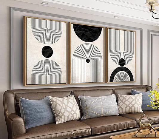 Framed Wall Art Canvas Set Mid Century Boho Pictures Modern Abstract Geometric Wall Decor Minimalist Black Beige Bohemian Canvas Painting Artwork for Living Room Bedroom Office 16"x24"x3 Natural
