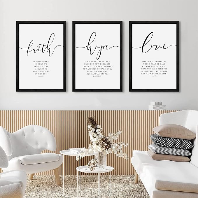 Bible Verses Wall Decor 3 Pieces Scripture Quotes Canvas Wall Art Faith Hope Love Scripture Posters Prints Christian Artwork Pictures for Living Room Bedroom Decoration 12x16 Inch Black Framed