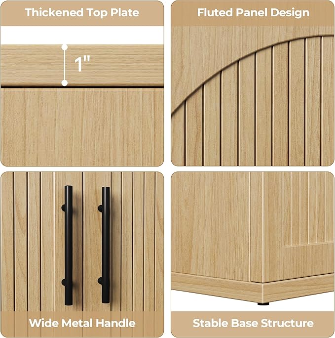 63" Fluted Buffet Cabinet with Storage, Modern Symmetrical Arched Sideboard Credenza with Adjustable Shelf, Elegant Wood Console Table for Dining Room, Kitchen, Living Room(Oak)