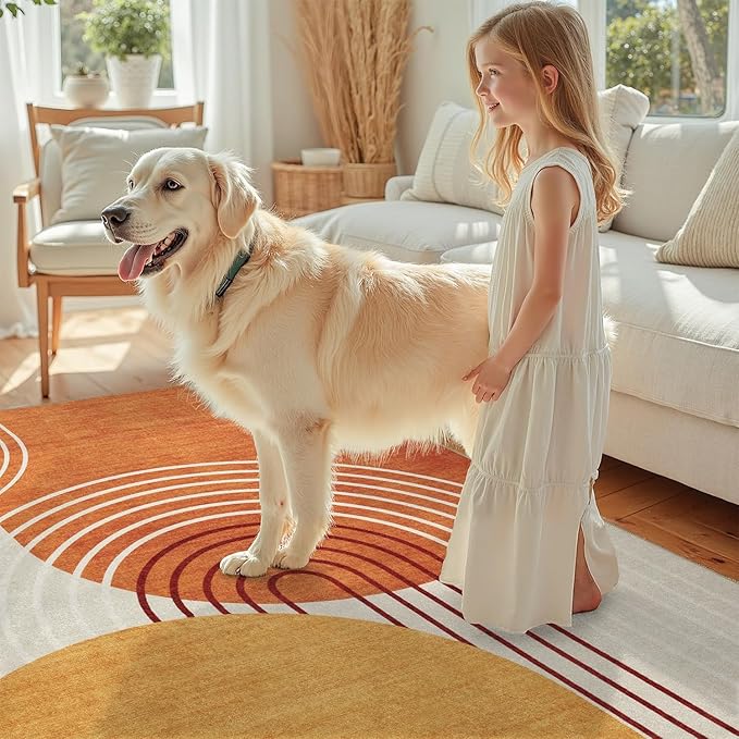 DCX Abstract Machine Washable 8x10 Rug, Mid Century Modern Rug for Living Room, Soft Low Pile Non Slip Carpet, Kid & Pet Friendly Stain Resistant Rug for Bedroom Dining Room Office, Orange & Yellow