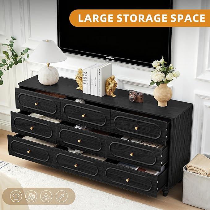 ORRD 9 Drawer Fluted Dresser for Bedroom, Mid Century Modern Chest of Drawers, Wood Storage Small Dresser Organizer for Bedroom Living Room Hallway Closet, Black