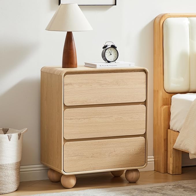 AVZEAR Modern3 Drawer Dresser for Bedroom, Curved Wooden Dresser Chest of Drawers, 3 Drawer Nightstand Closet Clothes Storage Organizer for Kids Bedroom, Living Room, Nursery, Natural