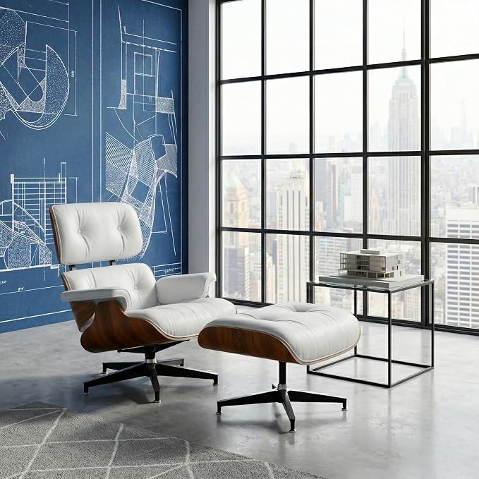 Mid Century Chaise Lounge Chair with Ottoman, Top Black Grain Leather, Modern Office Chair Classic Design, Heavy Duty Base Support for Living Room Study Lounge Office