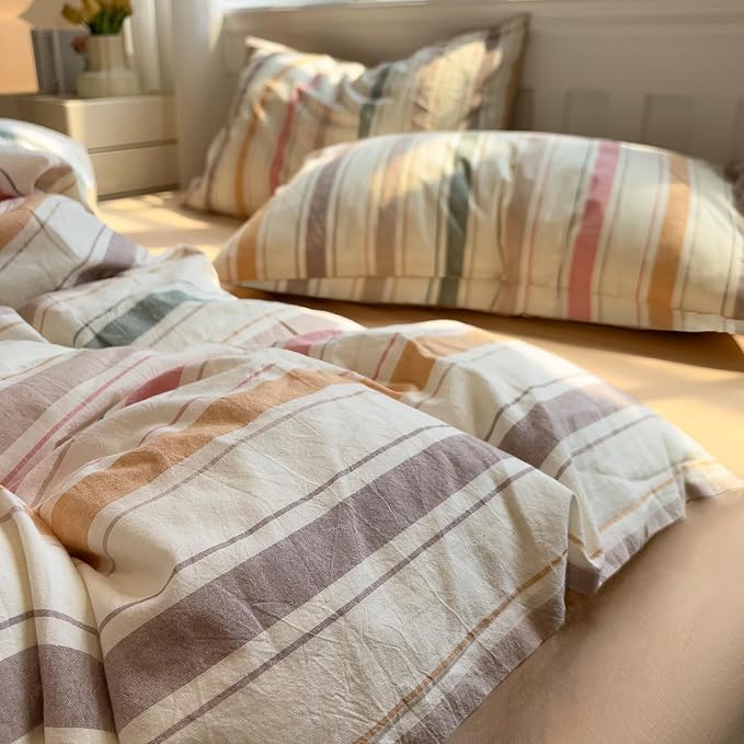 mixinni Vintage Striped Duvet Cover Set Twin Size, 3-Piece 100% Washed Cotton Bedding Set - Soft & Breathable Colorful Comforter Cover with Zipper, All-Season Lightweight Bed Set for Cozy Home