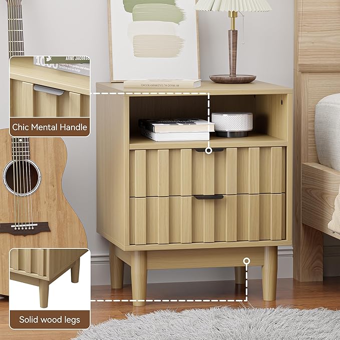 Fluted Nightstand with 2 Drawers, 19" Wide Night Stand with Solid Wood Legs, Open Storage Shelf, Mid Century Modern Wooden Bedside Table for Bedroom, Bed End Side Table, Oak