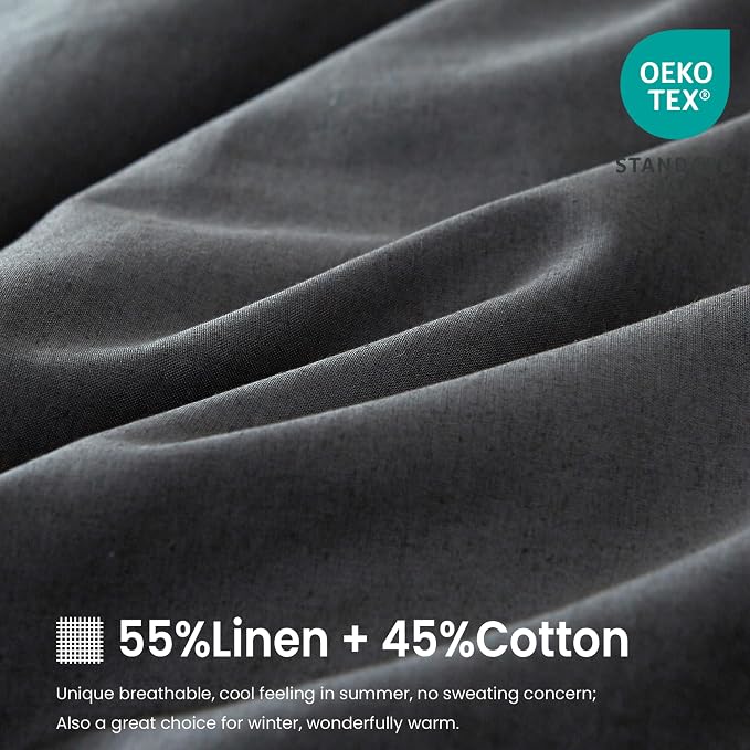 FALUCA French Linen Blend Duvet Cover Set 3Pcs Queen (88"x92") - Soft, Breathable, Cooling Farmhouse Bedding for Summer Hot Sleeper (Queen, Dark Grey)