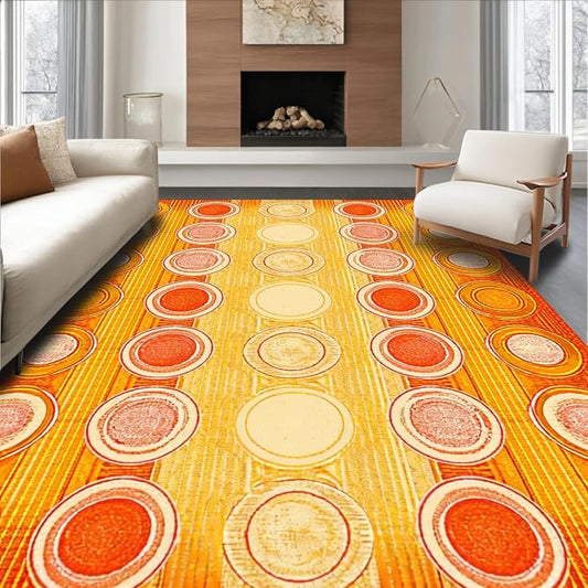 9'x12' Washable High Traffic Area Rug, Sunshine Boho Door Retro Inspired Vintage Radiant Sunburst, Flatwoven Area Rugs for Living Room, Bedroom (Orange,9x12)