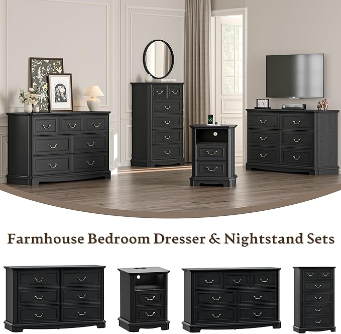 Farmhouse 6 Drawer Dresser for Bedroom, Tall Rustic Chest of Drawers with Metal Handle, Wood Vintage Storage Tower Cabinet, Wooden Closet Storage Dressers Organizer for Living Room, Hallway, Black