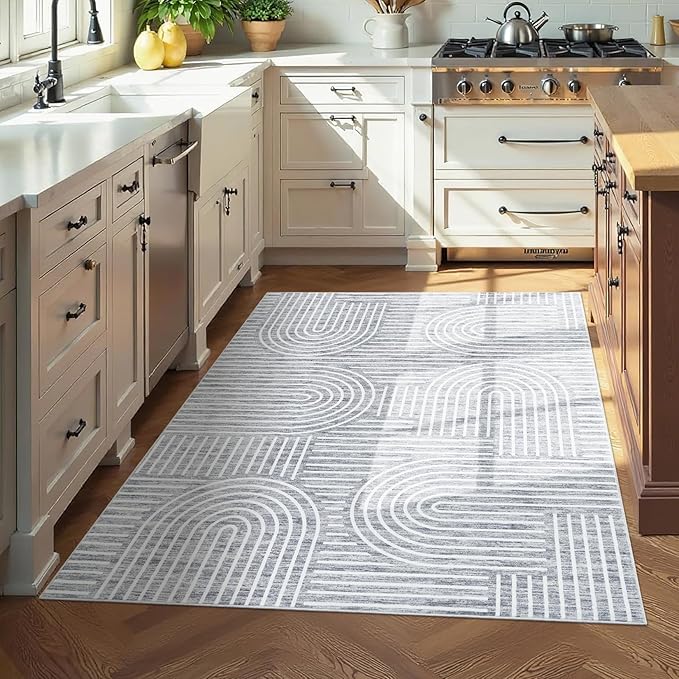 Washable Rug 3x5 Area Rugs for Living Room, Abstract Rug for Bedroom, Soft Rainbow Non Slip Throw Rugs with Rubber Back, Low Pile Stain Resistant Boho Geometric Carpet for Dining Room, Ash