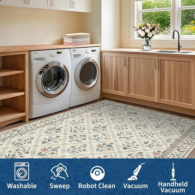 GarveeHome 6x9 Machine Washable Area Rugs for Living Room Floral Stain Resistant Soft Carpet Vintage Low Pile Non Slip Non-Shedding Floor Carpet Rugs for Bedroom Nursery Beige