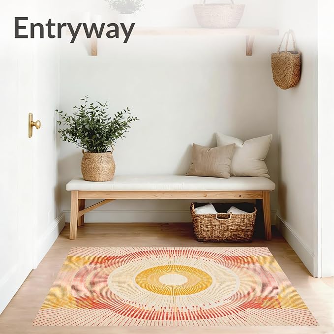 Flatwoven High Traffic Area Rug 4x6, Boho Sun Patterned Rug with Abstract Radiant Spiral Design, Non Slip, Stain Resistant, Washable Area Rugs for Living Room, Bedroom (Beige, 4x6)