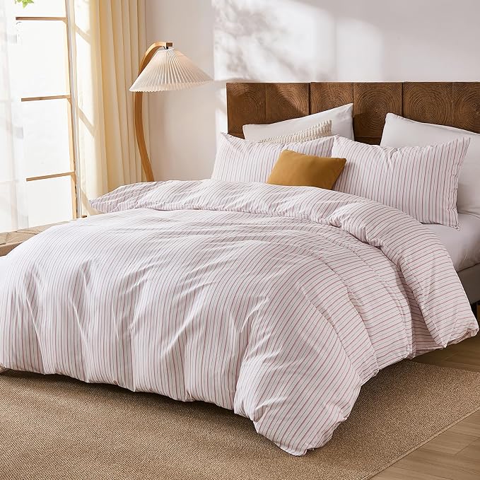 Merryword 100% Cotton Duvet Cover Set Queen Size - White & Pink Stripes Duvet Cover with Pillowcases, Soft Breathable Bedding Set Modern Minimalist Pinstripe Comforter Cover for All Seasons