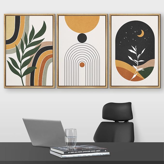 wall26 Framed Canvas Print Wall Art Set Boho Mid-Century Crescent Moon Plant Landscape Nature Abstract Illustrations Modern Art Bohemian Decorative for Living Room, Bedroom, Office - 24"x36"x3 Natural
