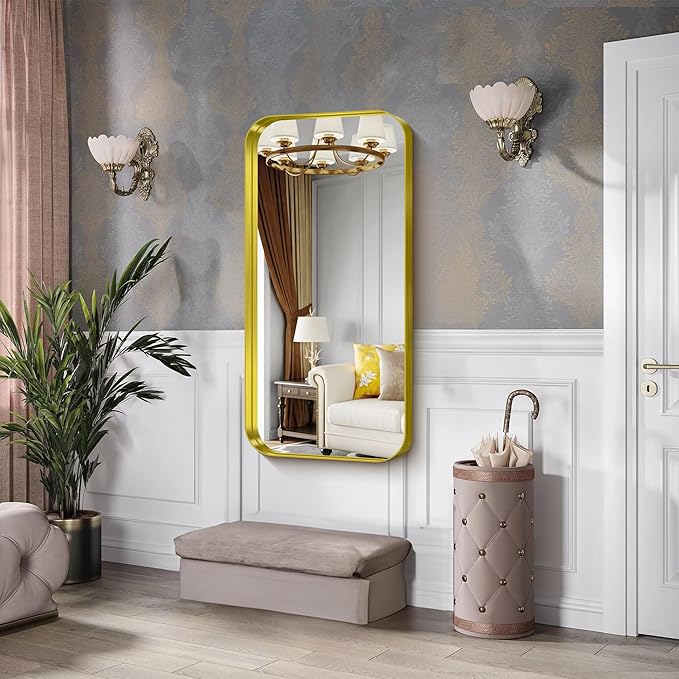 CIRCUMI Gold Bathroom Mirror, 24"x48" Rectangular Mirror with Deep Metal Frame, Rounded Corner, Tempered Glass, Large Mirror for Wall, Over 2 Sinks, Installed Vertically/Horizontally, Crystal-Clear