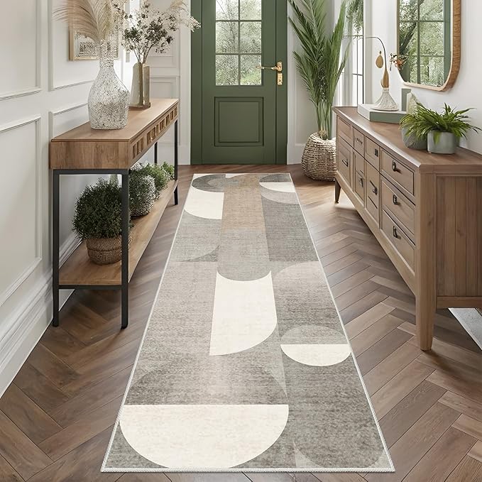 Beige Runner Rug 2x8 Floral Washable Rug Runners for Hallway Kitchen,Long Modern Geometric Rugs for Bedroom Entryway Bathroom,Non Slip Floor Carpet