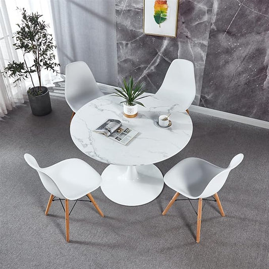 5-Piece Round Dining Table Set,42" Mid-Century Modern Kitchen Table with 4 Chairs,Tulip Pedestal Table & Solid Wood Legs,Space Saving Compact Furniture for Small Spaces Apartment Home,White/Marble