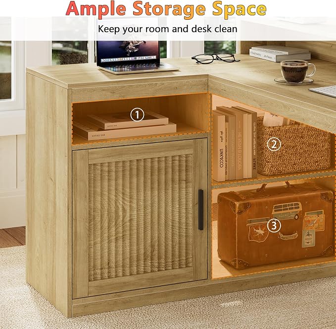 TVU Farmhouse L Shaped Desk with Drawers, 62.2" Home Office Desk with Storage Shelves and Power Outlet, L Shaped Computer Desk with Monitor Stand and Printer Shelf, Oak