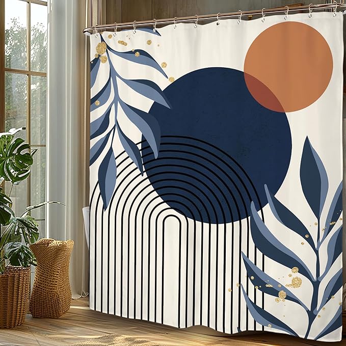 Miyotaa Abstract Navy Blue Shower Curtain Set 60Wx71H Inches Minimalist Aesthetic Modern Contemporary Plant Leaves Neutral Polyester Waterproof Cloth Bathroom Curtain with 12 Hooks