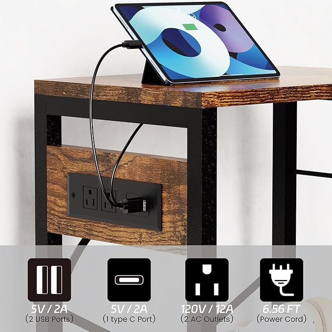 YAKANJ End Table with LED Light,Record Player Stand with Charging Station,Vinyl Records Storage,Turntable Stand Albums Storage for Music Room Studio-Modern Brown