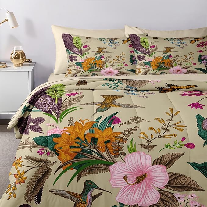 Nesker 7 Pcs Comforter Set Full Size, Cute Botanical Birds Bedding Set for Kids and Adults, Vintage Flower Plant Bed Sheet Sets with Fitted Sheet 2 Pillowcases & 2 Shams