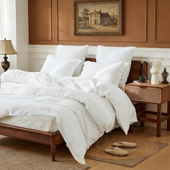 Simple&Opulence 100% Linen Duvet Cover Set, 3 PCS Natural French Flax White Duvet Cover California King Size, Breathable Soft Comfy Linen Bedding Comforter Cover with 2 Pillowcases(White, 104"x98")