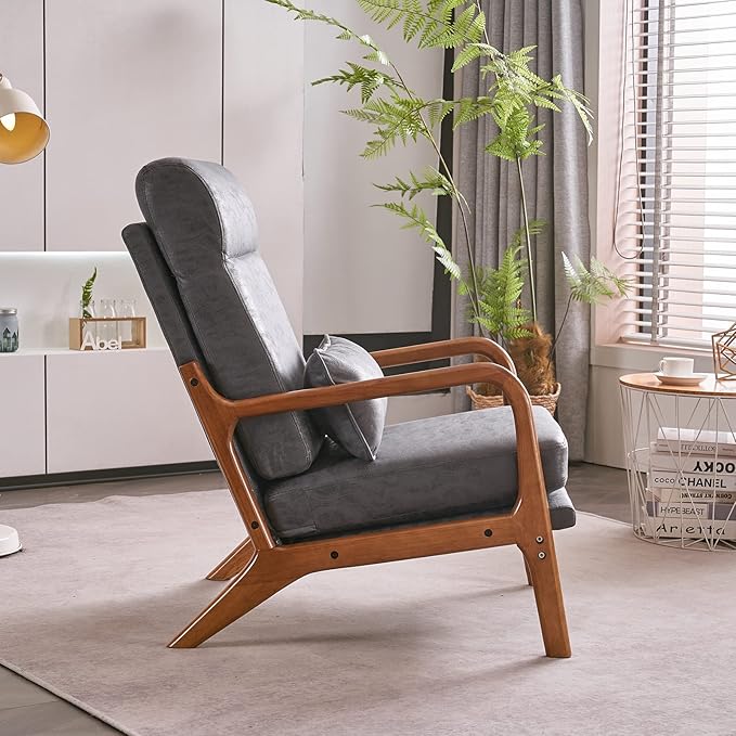 Karl home Accent Chair Mid-Century Modern Chair with Pillow High Back Bronzing Cloth Upholstered Lounge Arm Chair with Solid Wood Frame & Soft Cushion for Living Room, Bedroom, Balcony, Dark Gray