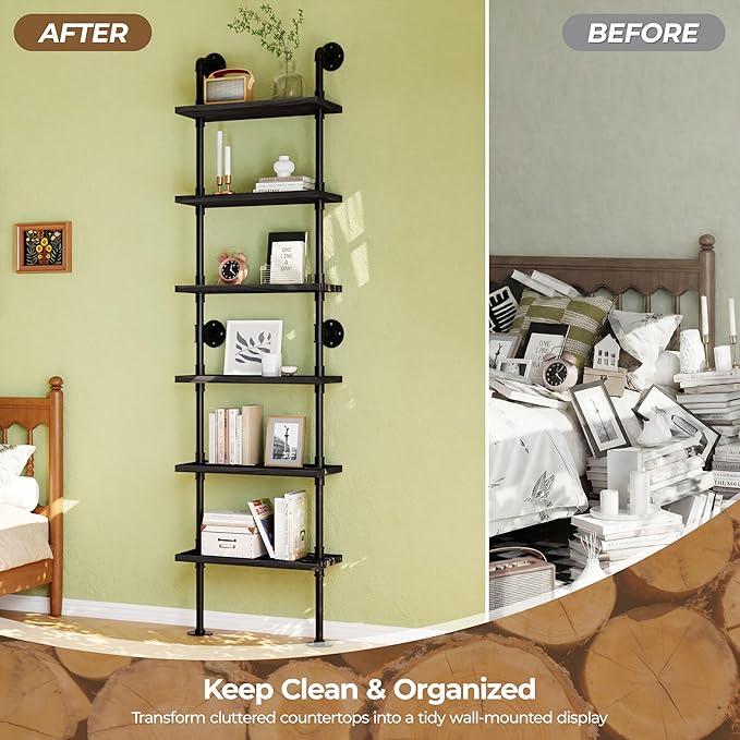 Industrial Ladder Pipe Shelves, Wall Mounted Wood Metal Rustic Bookshelf for Living Room (Black, 6 Tier - 10" D x 24" W x 82.5" H)